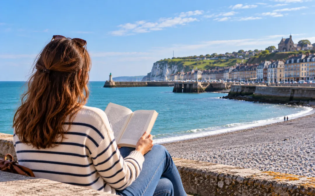Imprimer un livre à Dieppe – lectrice face au littoral dieppois